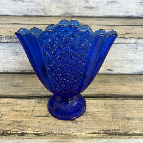 Vintage Cobalt Blue Daisy & Button-Style Pedestal Vase