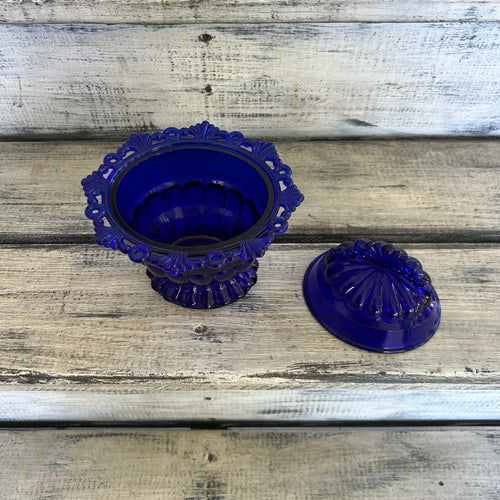 Vintage Cobalt Blue Pressed Glass Covered Candy Dish