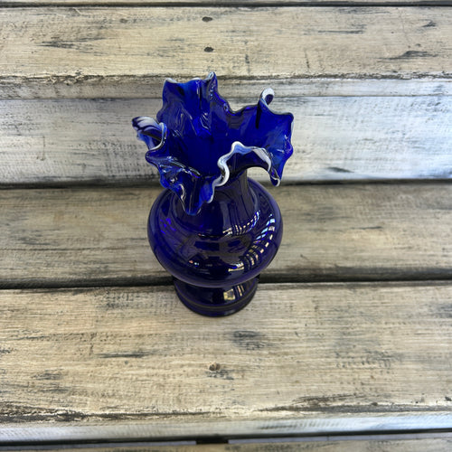 Vintage Cobalt Blue Art Glass Vase with White Trailed Ruffled Rim