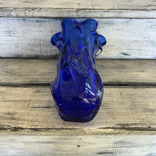 Vintage Cobalt Blue Bubble Art Glass Ruffled Vase