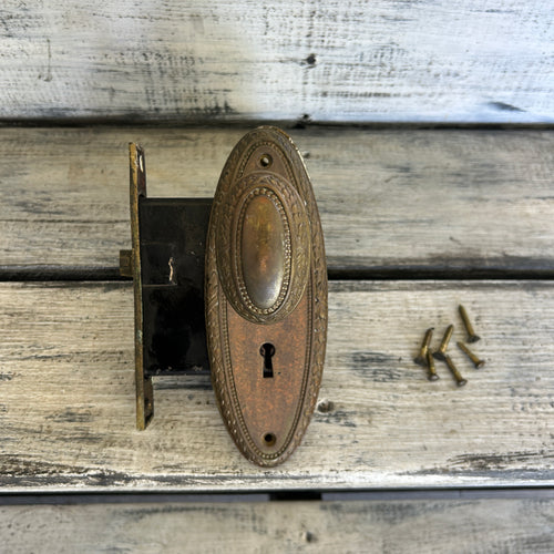 Antique Ornate Brass-Tone Door Knob & Mortise Lock Set