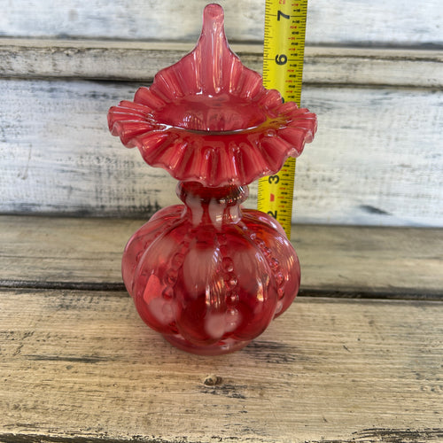Vintage Cranberry Opalescent Beaded Melon Jack-in-the-Pulpit Vase