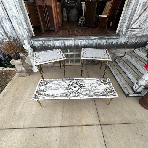 Neoclassical Style Marble+Brass Side Tables + Coffee Table