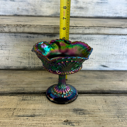 Vintage Amethyst Carnival Glass Iridescent Pedestal Compote