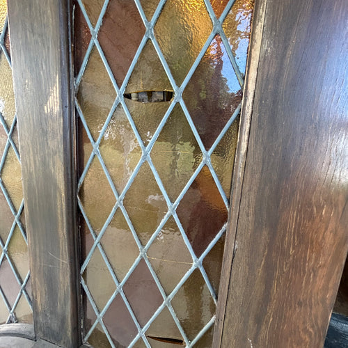 Pair of 36” Antique Carved Wood Double Doors with Leaded Glass