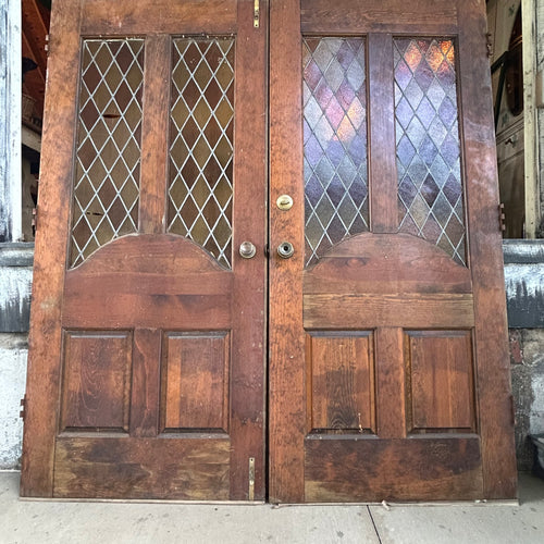 Pair of 36” Antique Carved Wood Double Doors with Leaded Glass