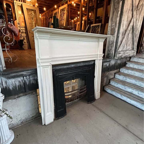 Pair of Antique Fireplace Mantels with Cast Iron Inserts and ￼Cast Iron Fire Baskets