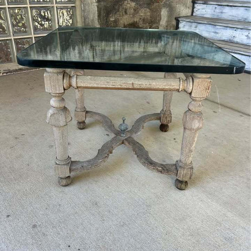 Vintage Weathered Glass Top Wood Accent Table