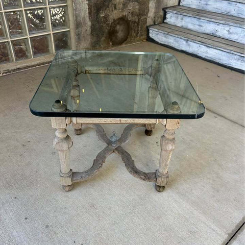 Vintage Weathered Glass Top Wood Accent Table