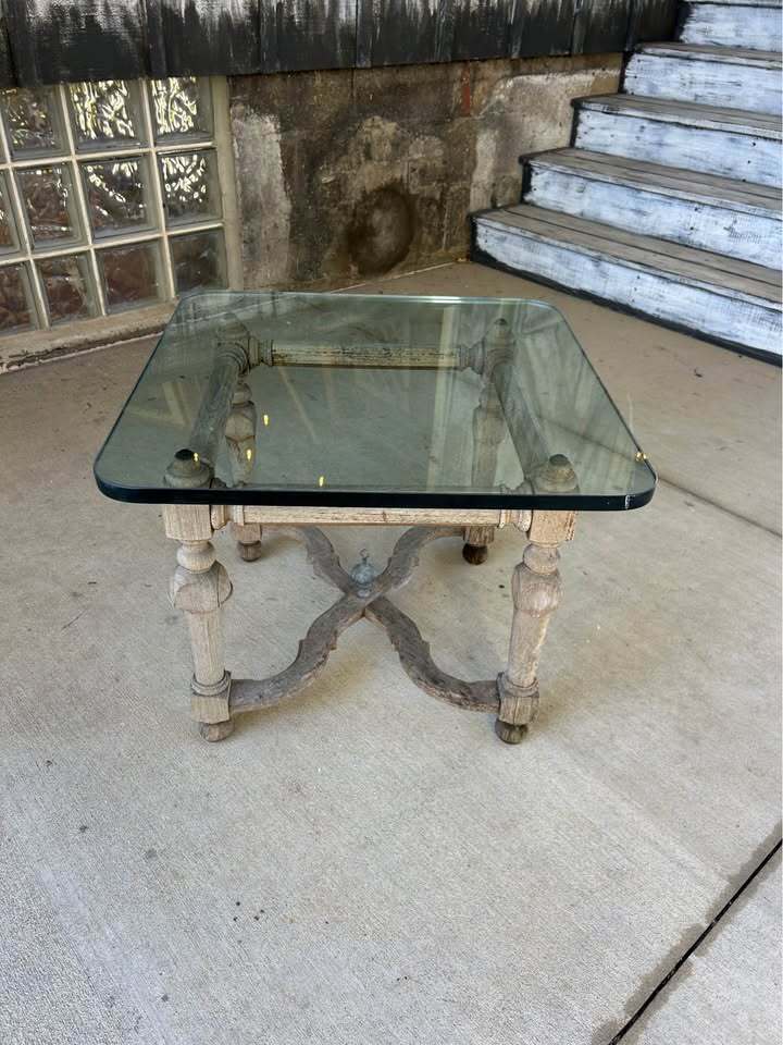 Vintage Weathered Glass Top Wood Accent Table