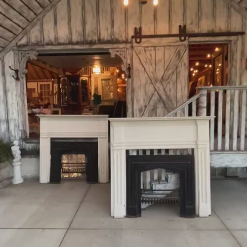 Pair of Antique Fireplace Mantels with Cast Iron Inserts and ￼Cast Iron Fire Baskets